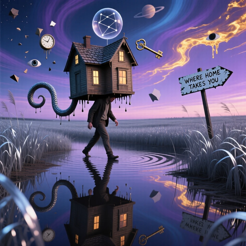 A man walking with a house balanced on his shoulders walks slowly through a field of tall silver grass, as the ground beneath them slowly turns to still water.