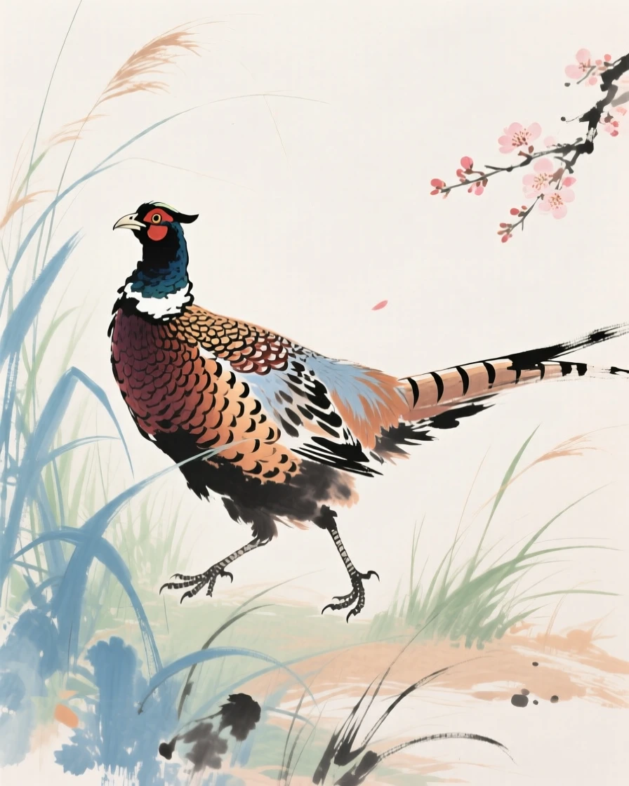 A pheasant with brilliant plumage stepping through tall grass, in a warm breeze carrying the scent of blossoms.