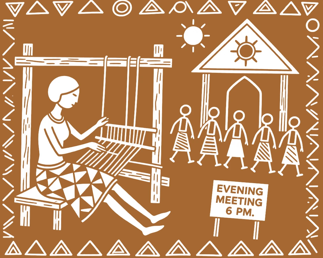 A weaver at her loom gathering for an evening meeting beside a small village shrine.