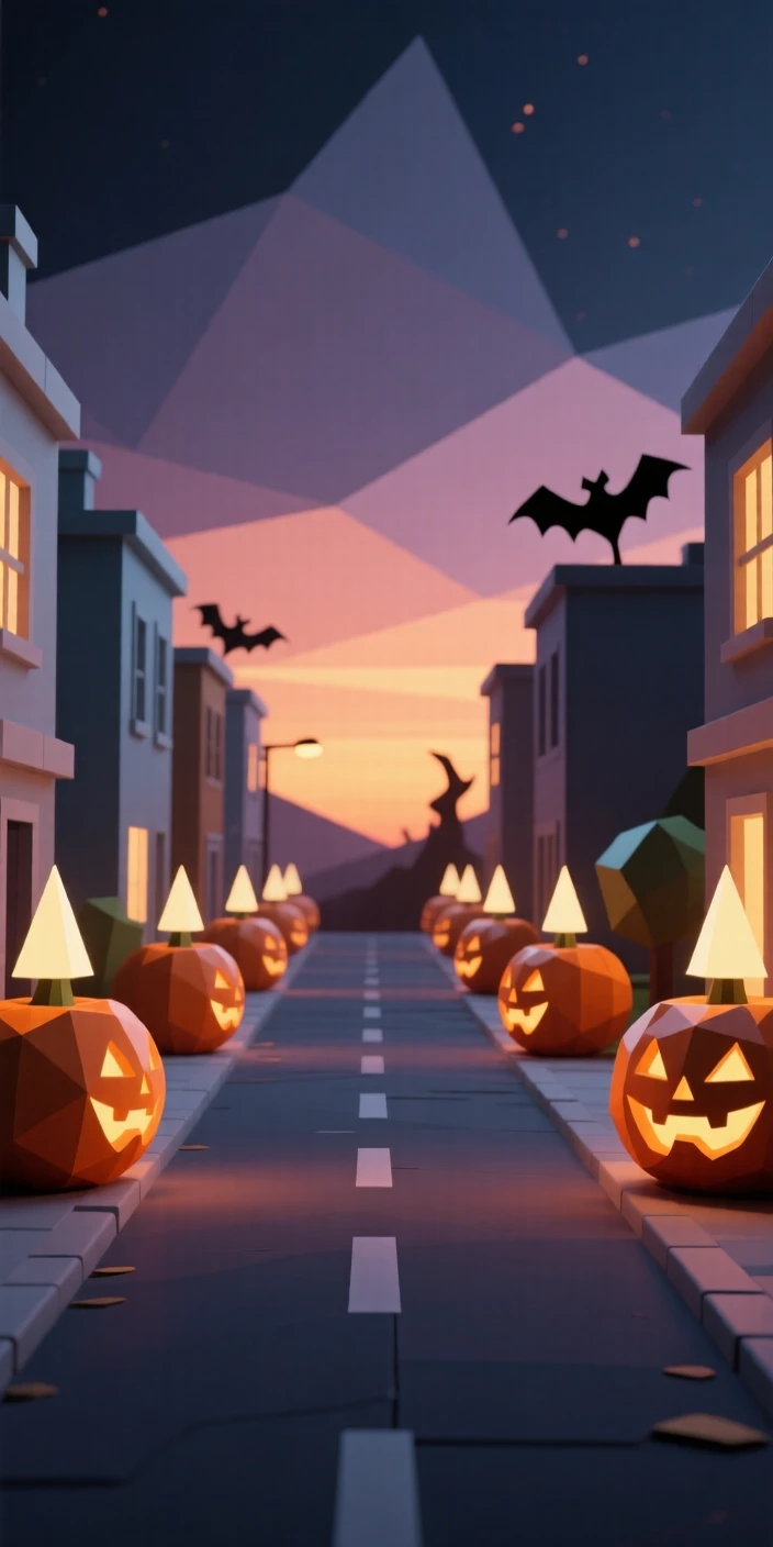A Halloween night street lined with glowing pumpkins, as the last light of evening fades. warm glowing lights create a festive ambiance. The moment feels magical and full of wonder.