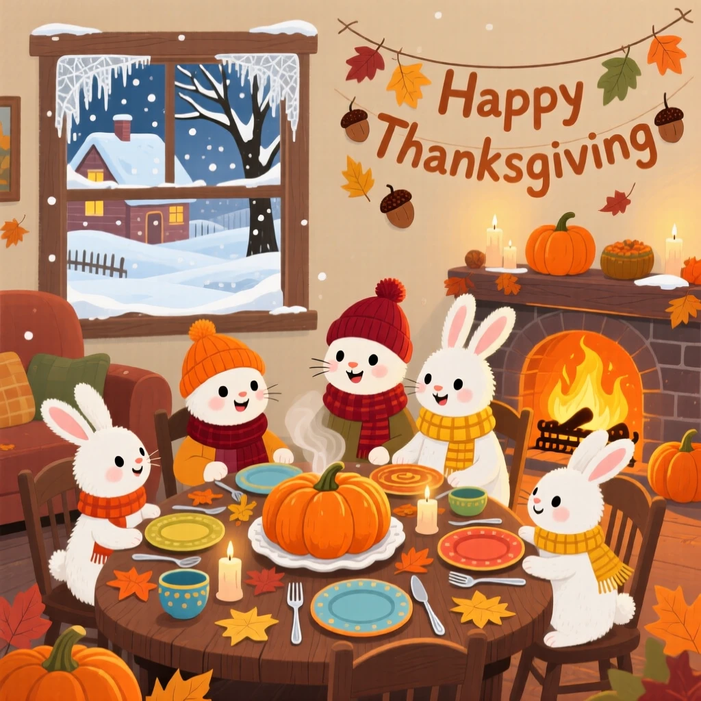 In a cozy living room by the fire, a family of snow rabbits celebrate together by setting the table for a big Thanksgiving feast, with fresh snow blanketing the rooftops.