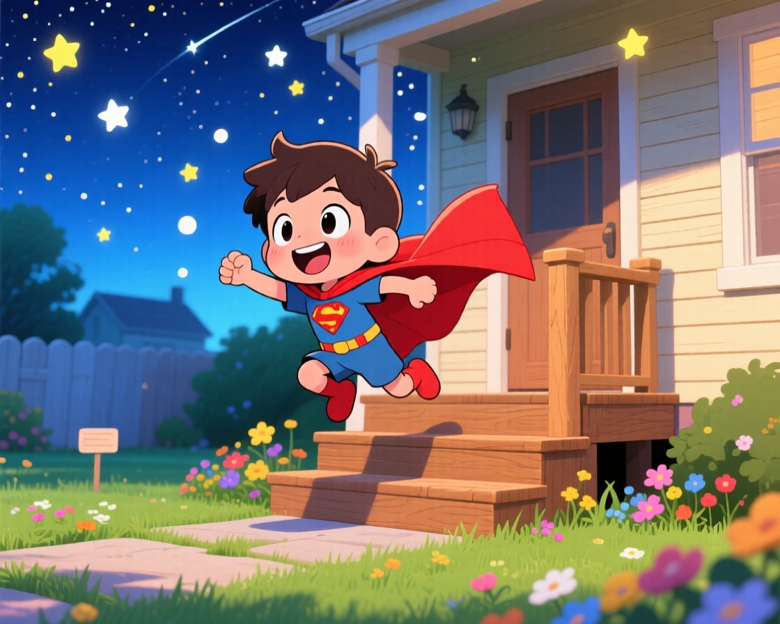 A young boy in a superhero cape leaping off a porch step mid-flight pose in a sunny front yard under a starry midsummer night sky; cool blue twilight glow washes over the scene as bubbly enthusiasm fills the moment. Symmetrical front-on view.