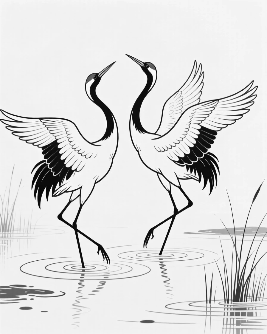 A pair of cranes dancing in a shallow wetland