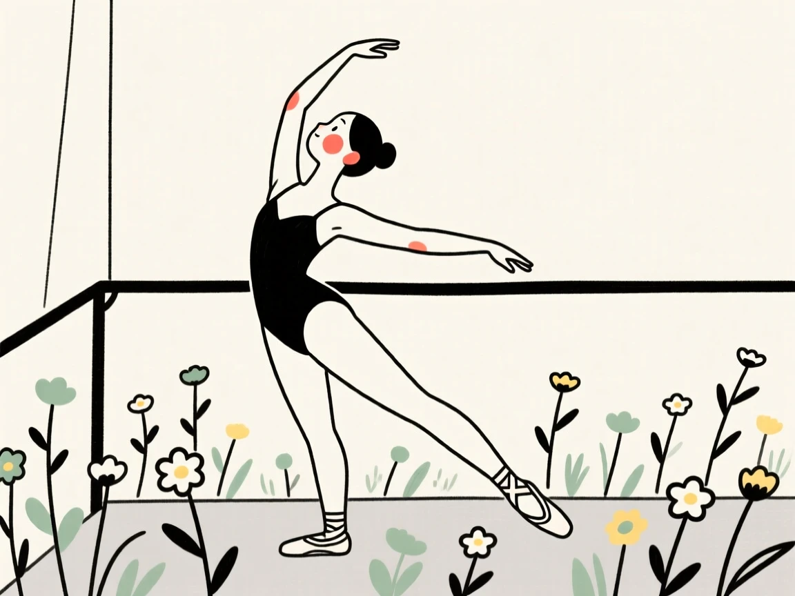 A ballet dancer stretching backstage, glowing with nostalgia, in a field of wildflowers.