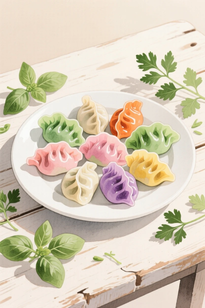 A plate of colorful dumplings sits with fresh herbs scattered around it on a rustic farmhouse table, arranged beautifully for a delightful meal