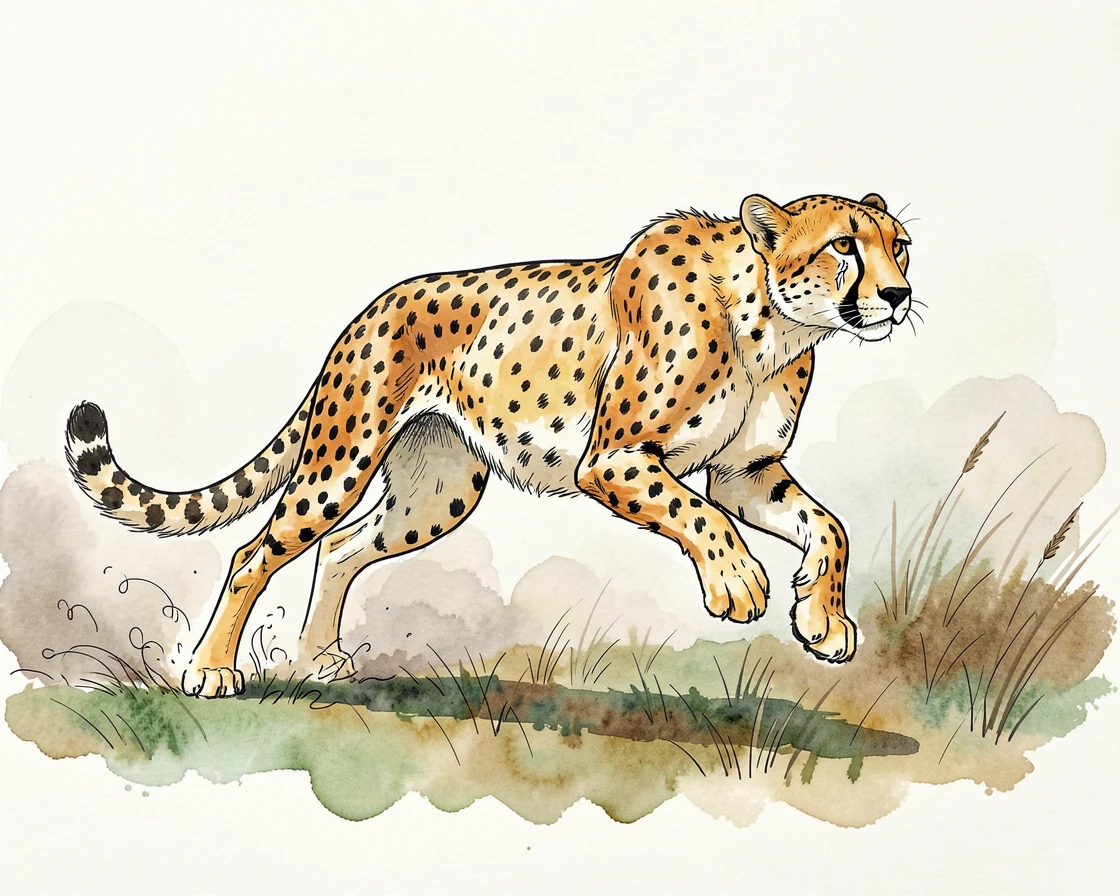 A cheetah mid-sprint across the grasslands, dust kicked up behind its powerful stride