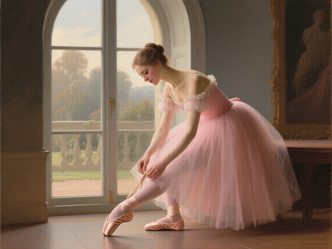 A ballerina adjusting her slipper before stepping onto the stage holding perfectly still in contemplative silence, set beside a tall arched window overlooking a garden, with a faint, knowing smile just touching the corner of the mouth; soft background blur isolates the sitter as the clear focal point, suggesting a private world just glimpsed by the viewer.