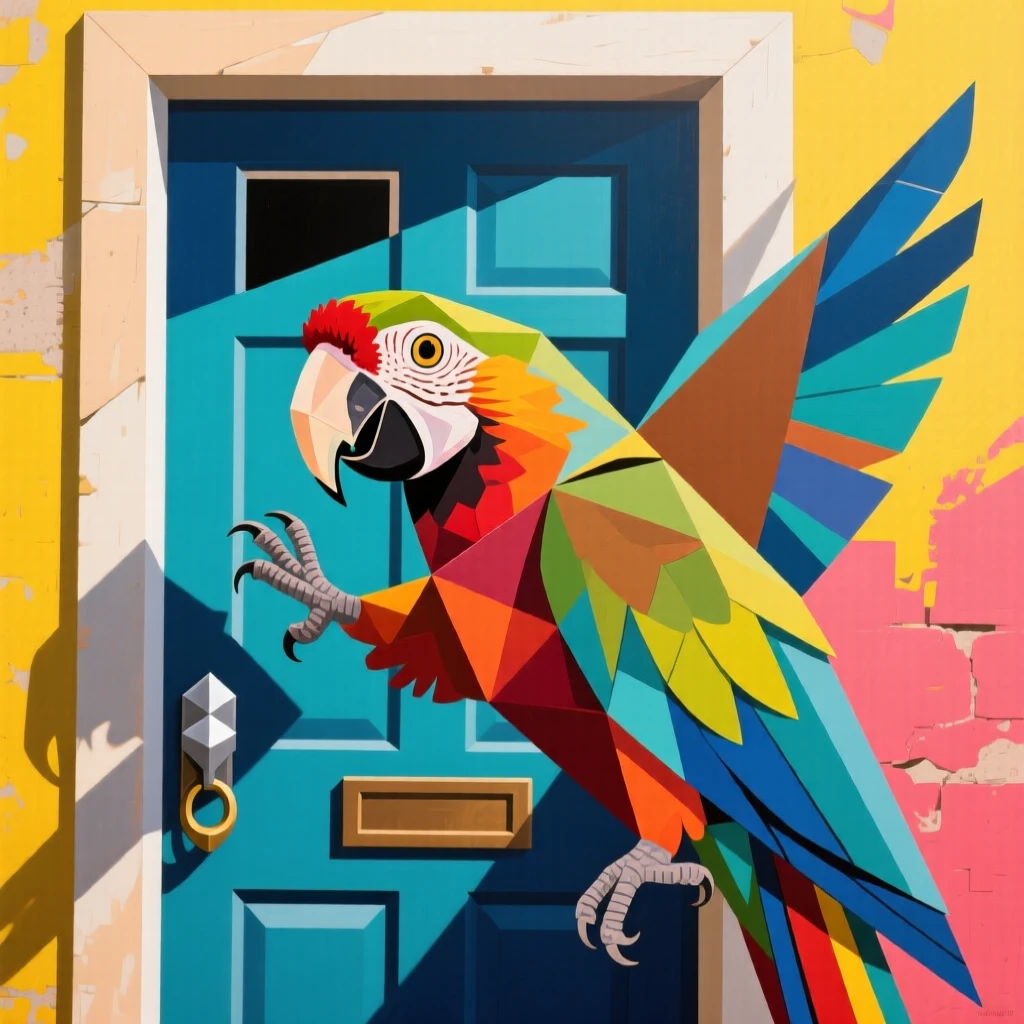 A charming close-up of a parrot with vibrant feathers greeting its owner at the front door with excitement on a bright afternoon.