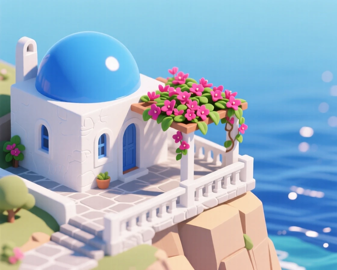 A hillside Greek island home with a bright blue dome roof, whitewashed walls, a bougainvillea-covered pergola, and a view of the sparkling sea below the cliffside terrace.