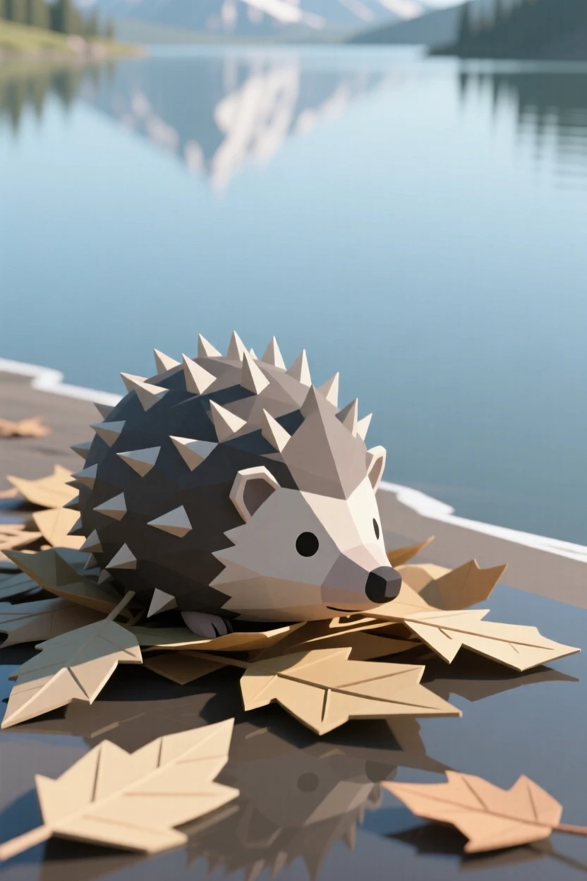 A hedgehog curled among fallen leaves, beside a crystal-clear mountain lake. the framing draws the eye directly to its gaze. The scene radiates quiet strength.