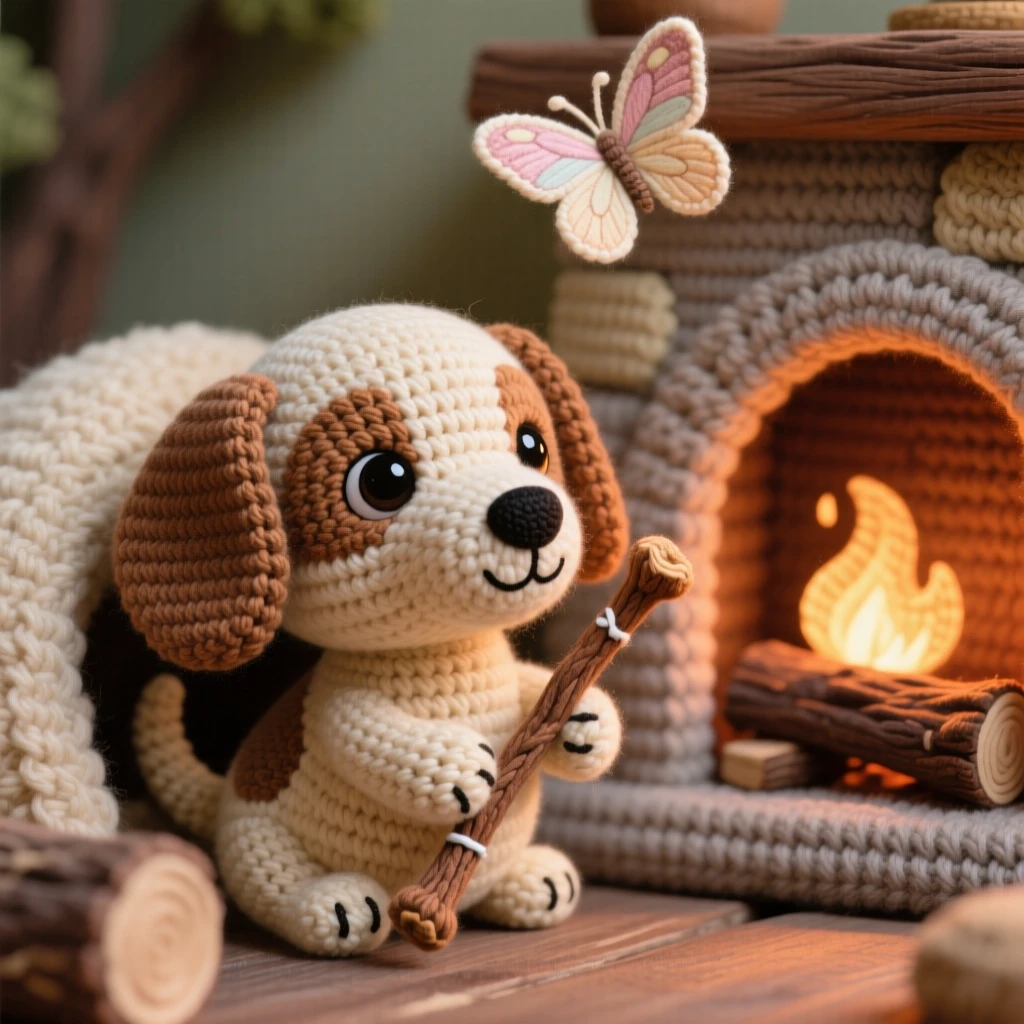 a tiny dachshund puppy, with a long stretched body and short legs, carrying a small stick twice its size, set in a cozy nook beside a crackling fireplace, with a single fluttering butterfly overhead, evoking warm affection and comfortable belonging.
