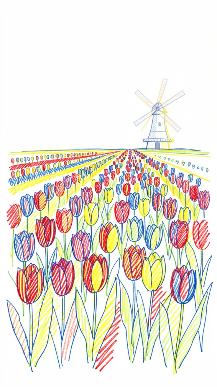 A field of tulips in vivid stripes of color stretching toward a distant windmill