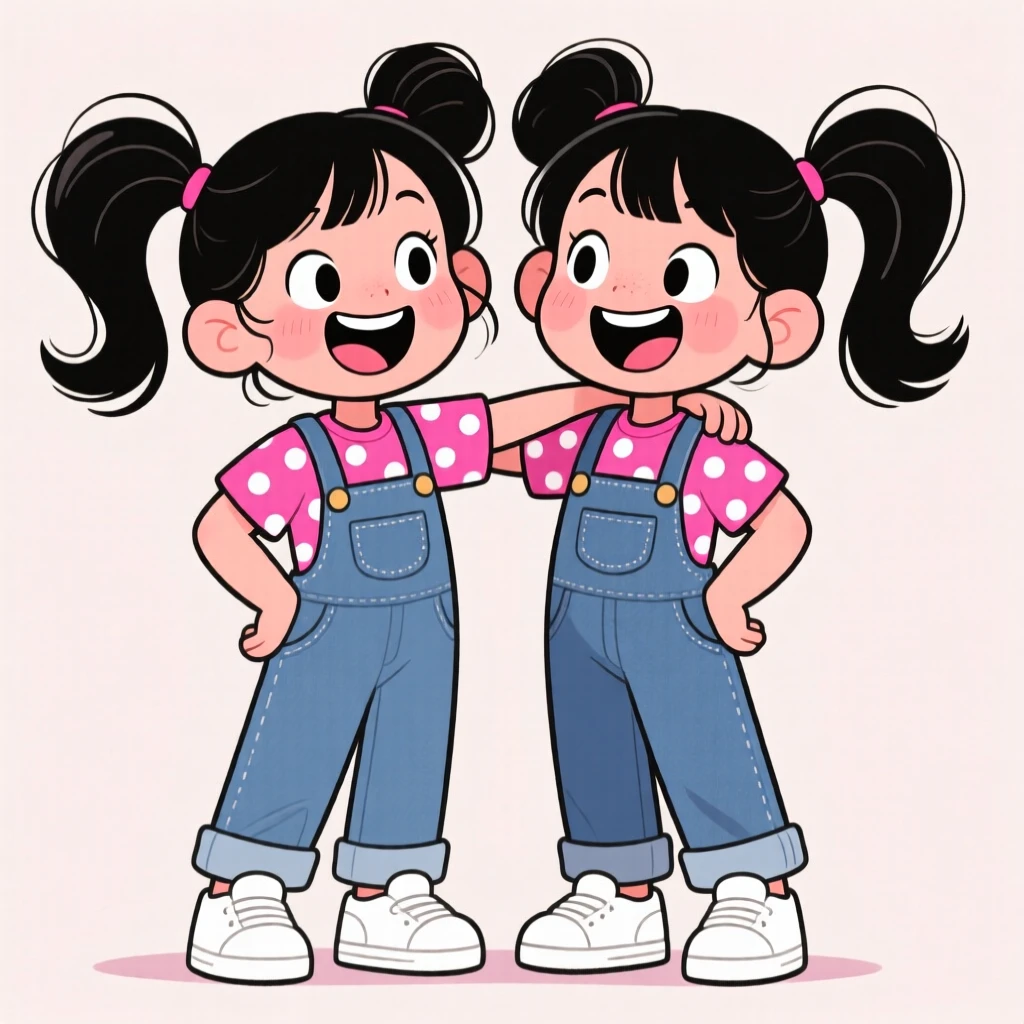 A heartwarming scene of twin sisters mirroring each other's silly faces, matching outfits and pigtails bouncing.