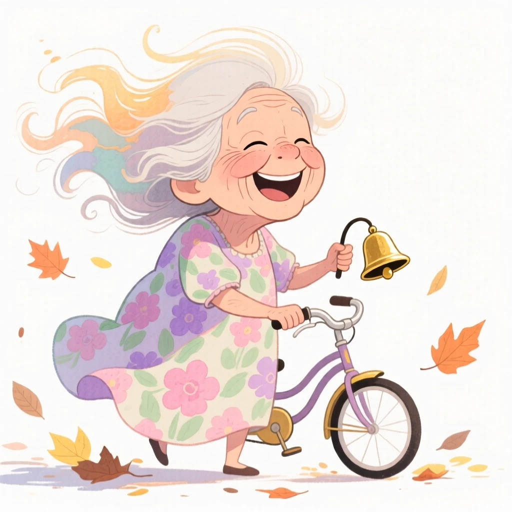 An elderly woman with wild sun-bleached waves, laughing with her eyes closed, wearing a flowy floral sundress and holding a small bicycle bell, surrounded by autumn leaves