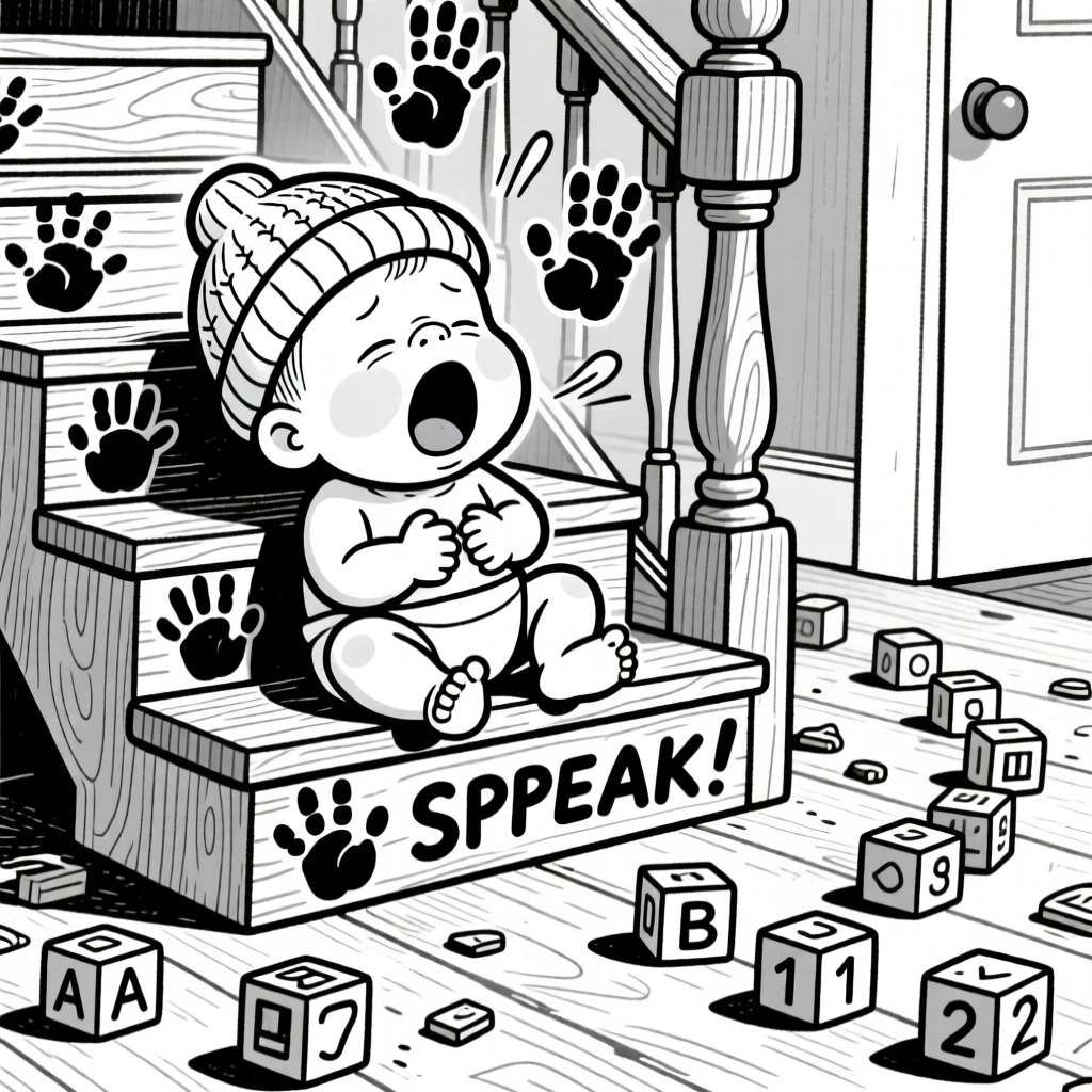 A newborn baby with a tiny knitted cap, caught mid-yawn during story time, set on a squeaky staircase decorated with handprint art. A trail of building blocks leads across the floor. The scene radiates the warm chaos of everyday family love.