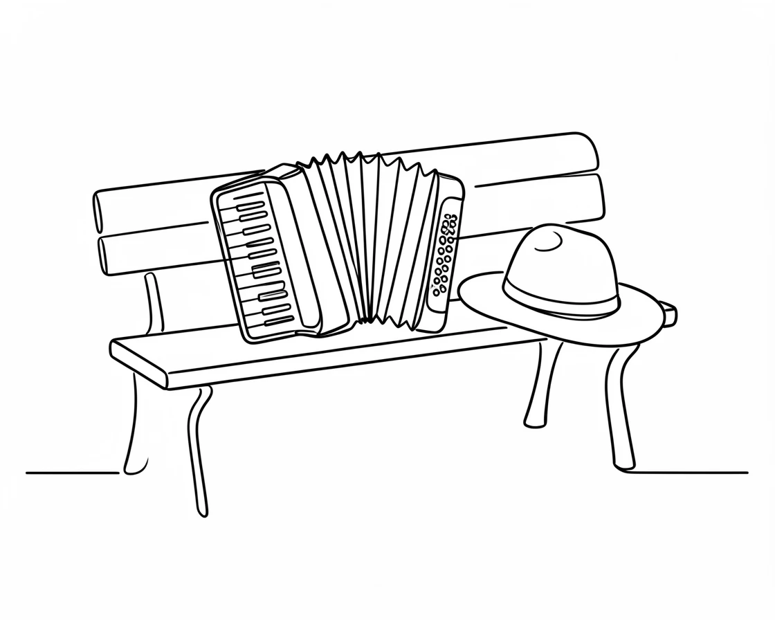An accordion resting on a park bench beside a street performer's hat