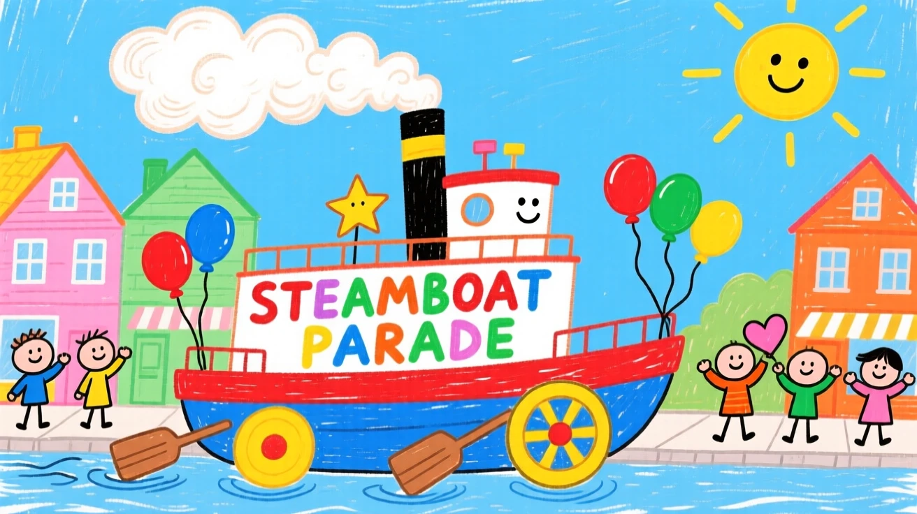 A paddle steamboat rolling through a small town parade.