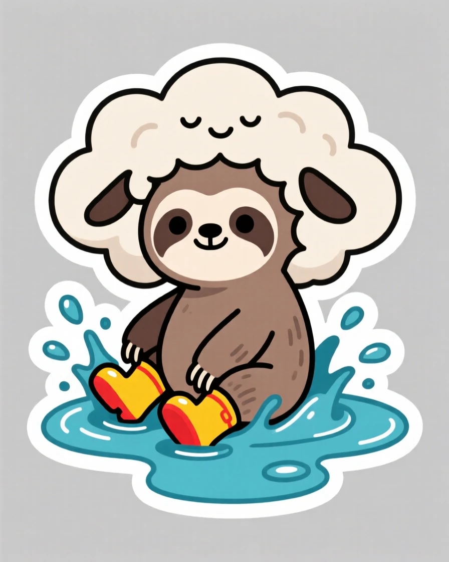 A curious baby sloth splashing in a puddle wearing tiny boots, on a cloud shaped like a fluffy sheep.