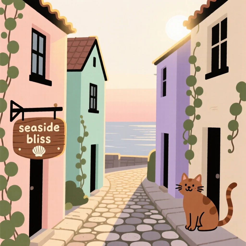 A sunlit alley winds through a small coastal fishing village lined with pastel-colored houses and climbing ivy, quiet in the early morning light.