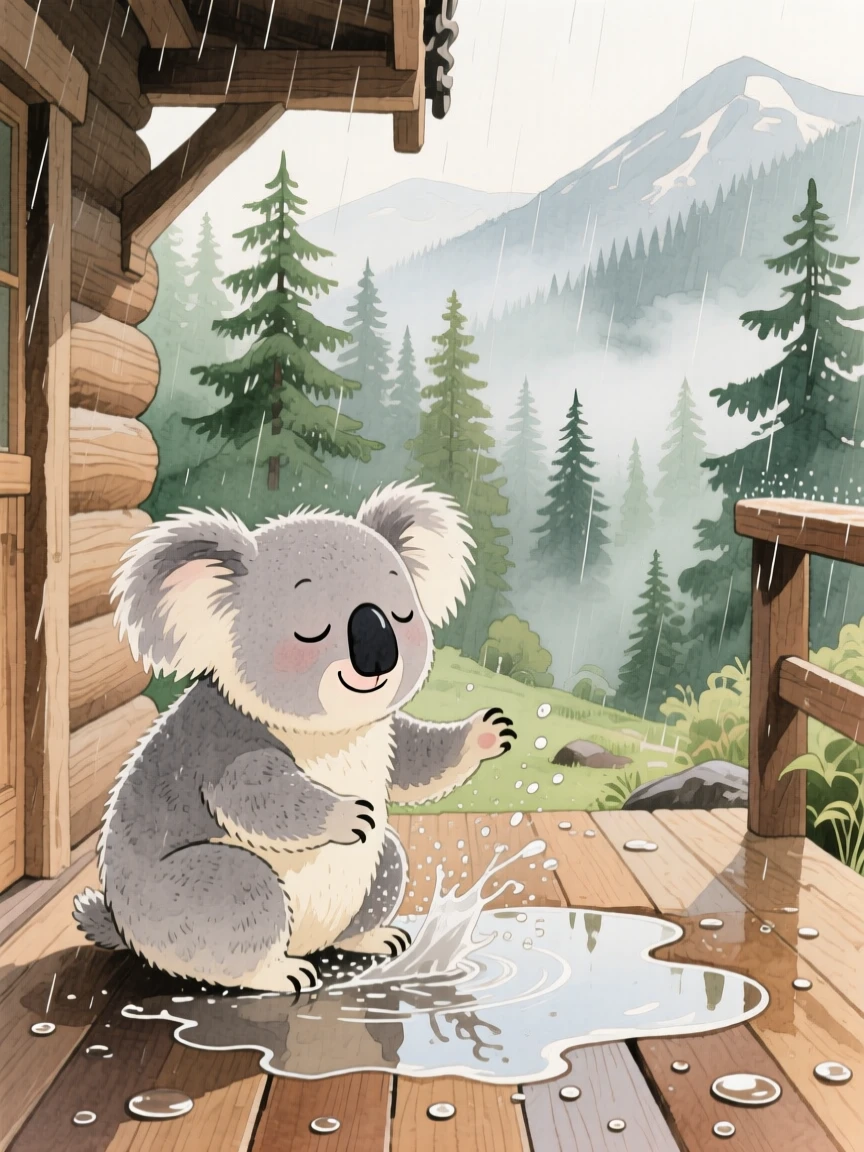 A sleepy koala splashing happily in a puddle after rain, set in a mountain cabin porch overlooking misty pines, full of playful curiosity.