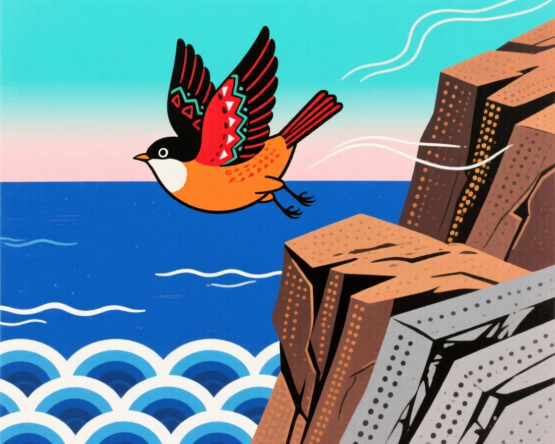A nightingale taking flight alone on a rocky cliff overlooking the sea.