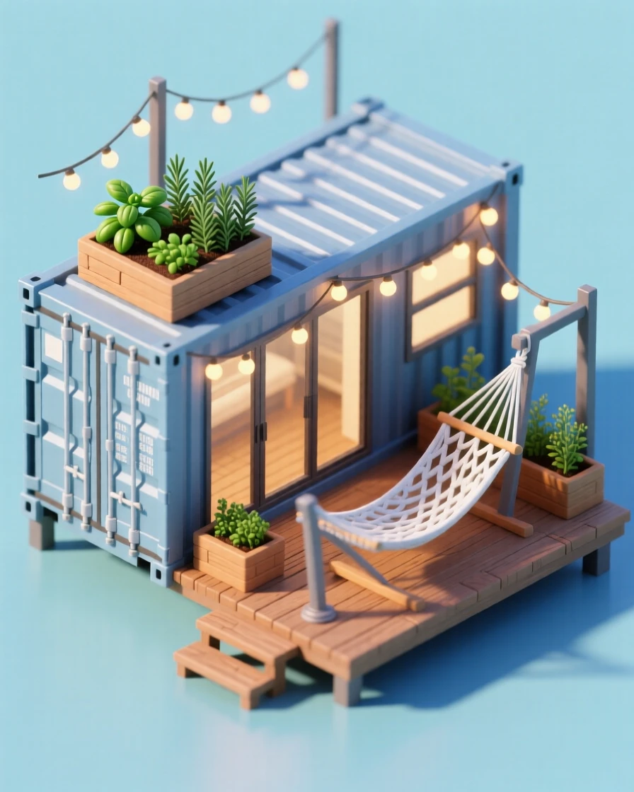 A converted shipping container home with a rooftop deck, string lights, a small herb garden in raised planters, and a hammock strung between two support posts.