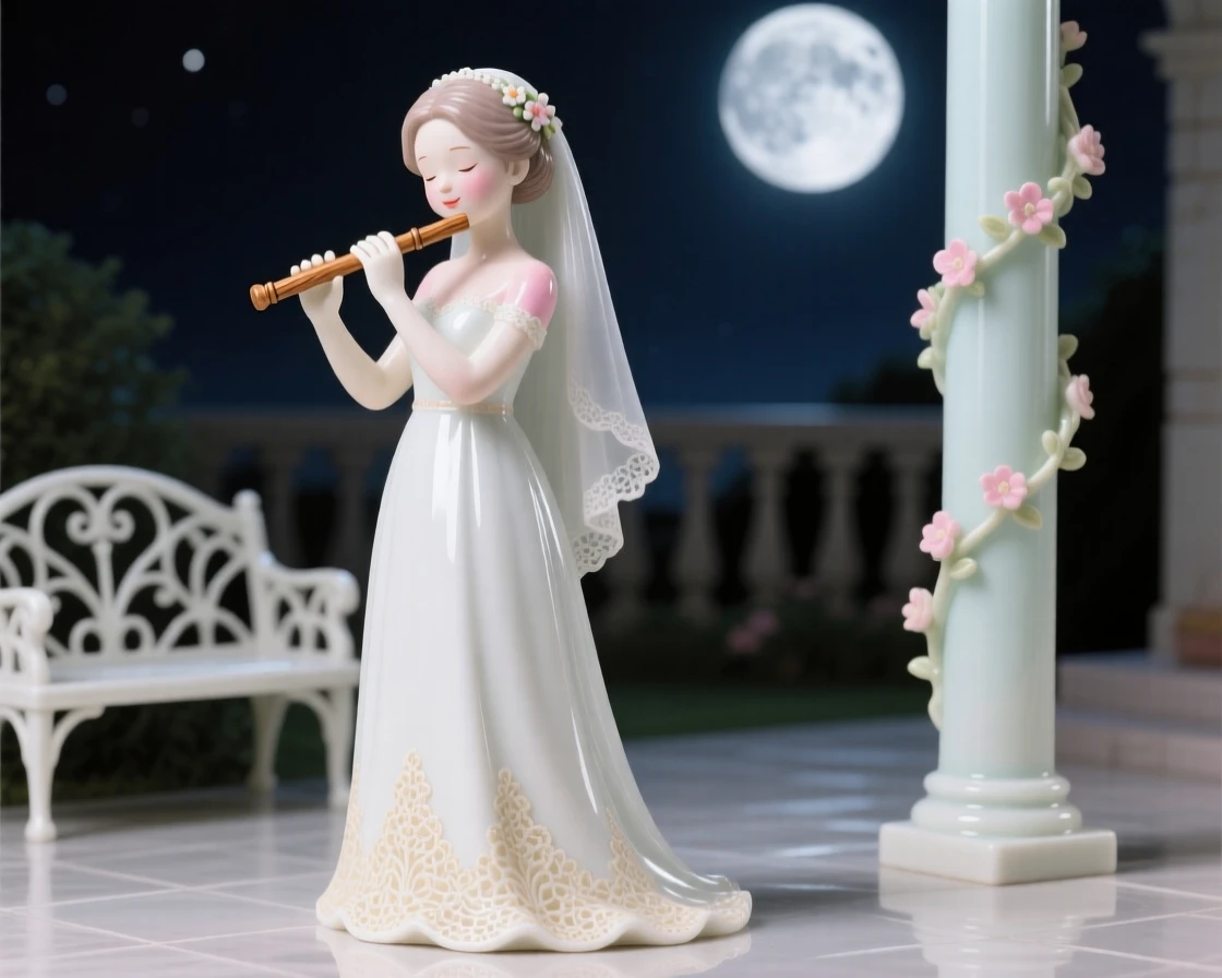A young bride playing a wooden flute, a faint, knowing smile on her lips, in a moonlit courtyard.