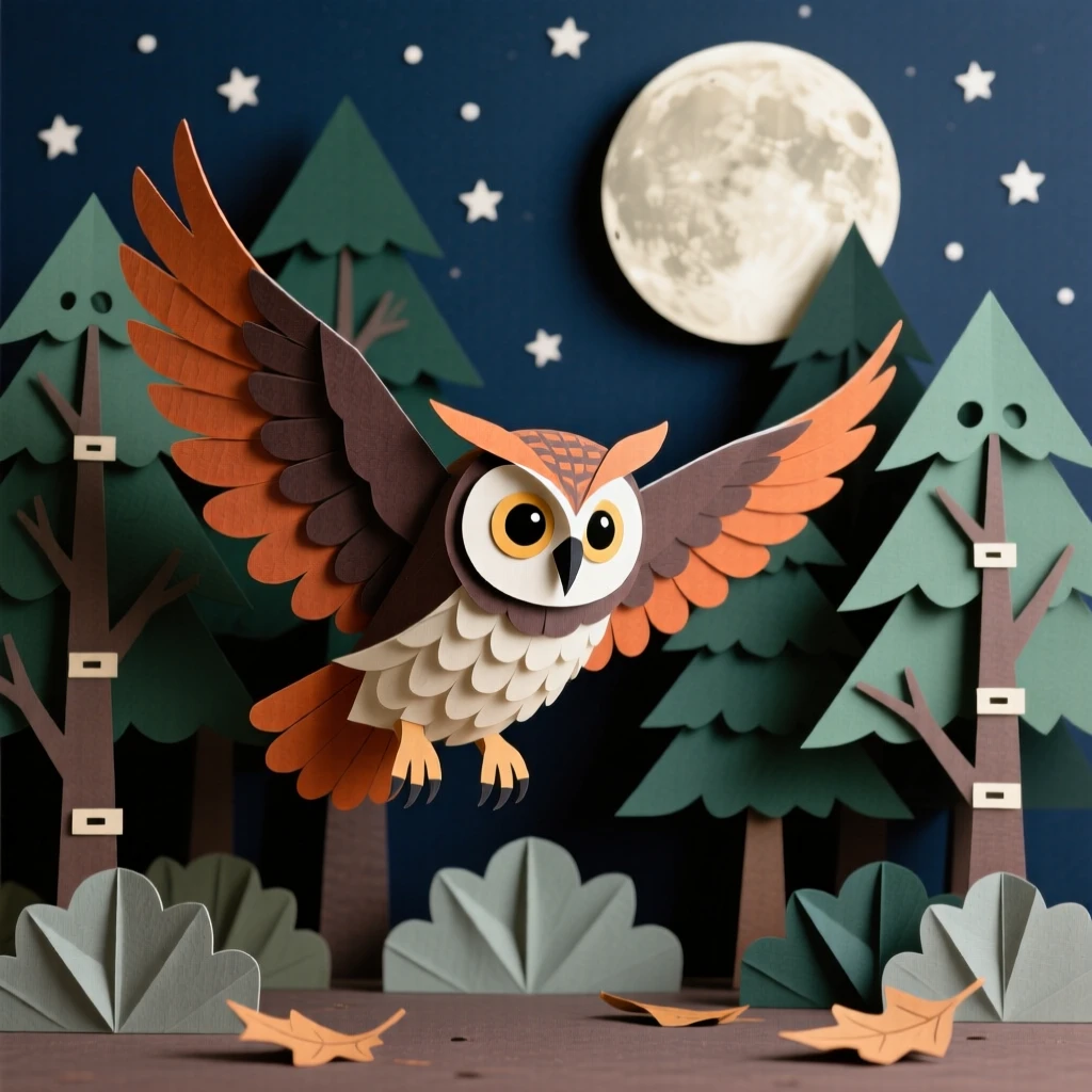 A great horned owl swooping silently through a moonlit forest, wings spread wide against a starry sky, conveying nocturnal mystery and grace.