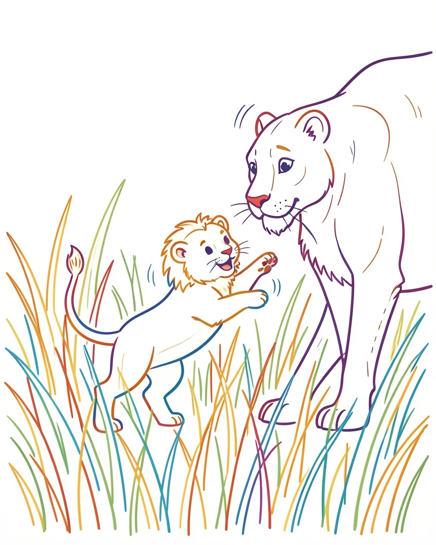 A lion cub pouncing playfully on its father's tail in tall savanna grass.