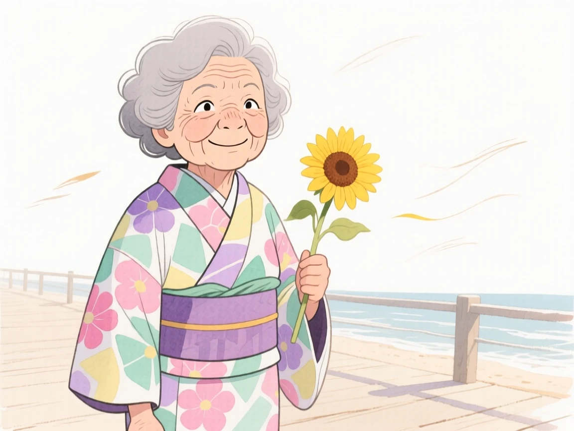 An elderly woman with soft grey curls, looking determined, wearing a colorful patterned kimono and holding a single sunflower, on a breezy seaside boardwalk