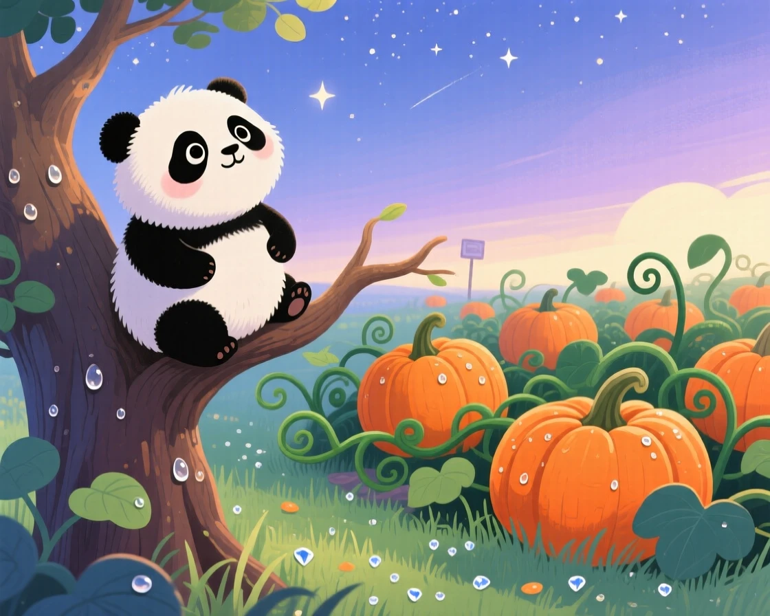 A round-bellied panda cub pauses from watching the stars from a treetop to look up in a pumpkin patch, as morning dew glistens on the grass.
