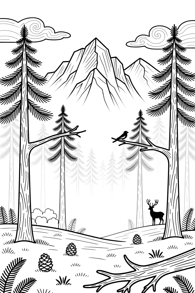 A dense pine forest blanketed in morning fog, with jagged peaks rising in the background.