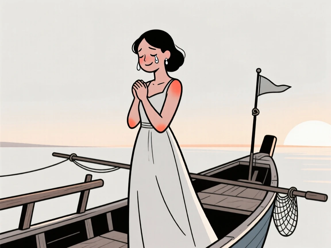 A young woman of Cuban heritage in an elegant evening gown, holding back happy tears, on a fishing boat at dawn.