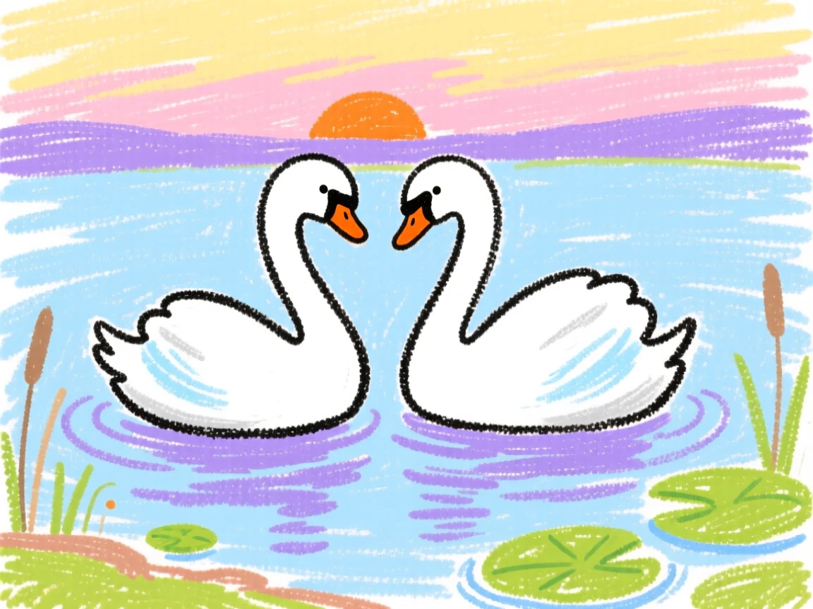 A pair of swans gliding across a still lake at dawn.