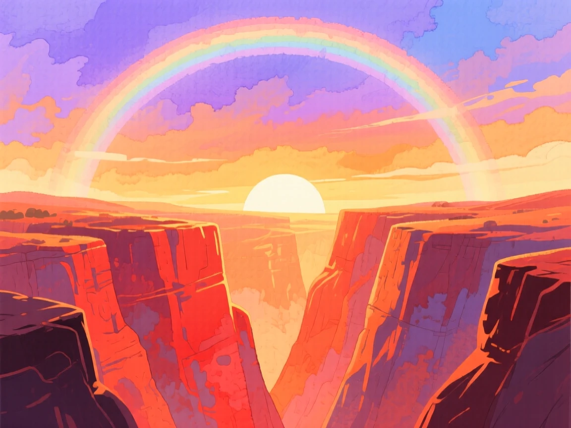 A canyon glowing orange and red at sunset, with a rainbow arching softly overhead, capturing the breathtaking beauty of untouched nature.