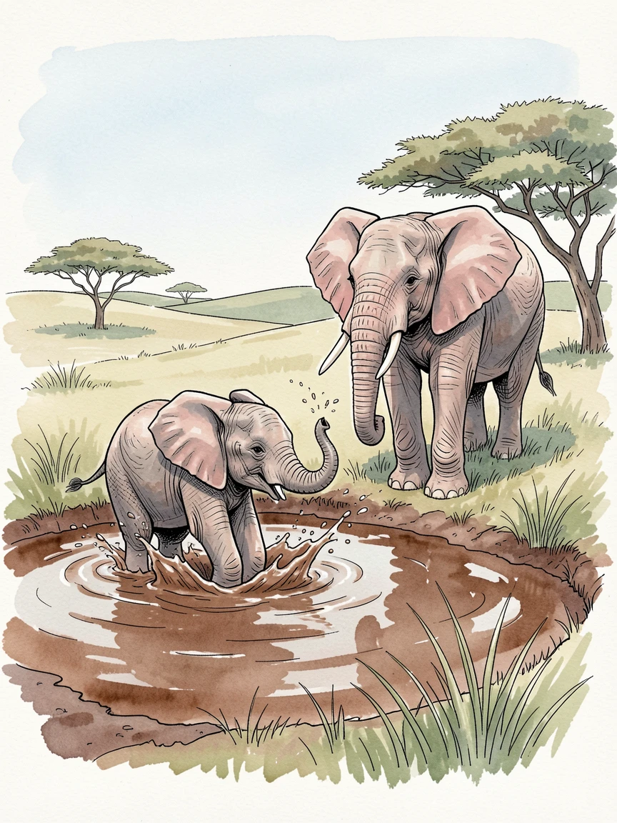 A baby elephant playfully splashing in a muddy watering hole while its mother watches nearby