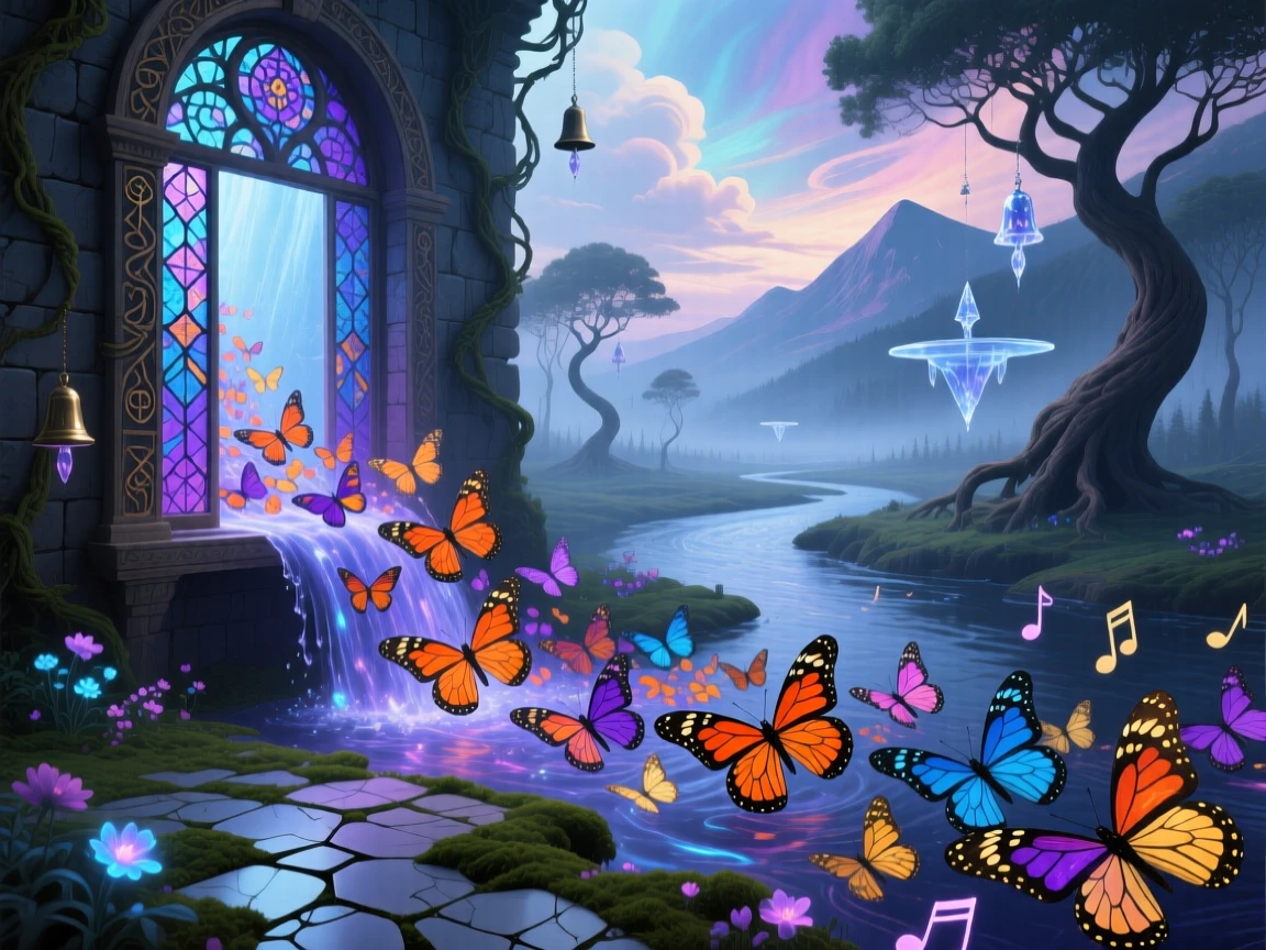 A swarm of butterflies pouring like a river from an open window moves gracefully through a hushed, dreamlike landscape, while distant chimes seem to echo with each small movement.