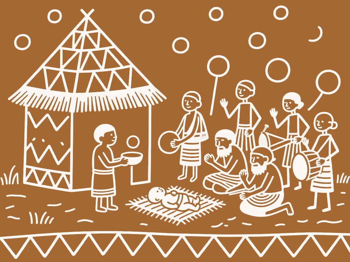 A young apprentice gathering to bless a newborn near a thatched-roof granary.