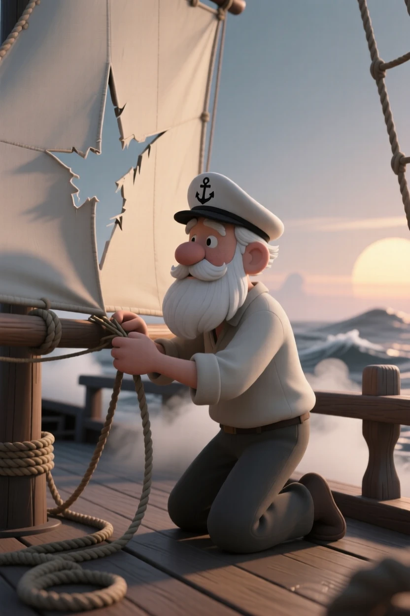 A wise old sailor mends a torn sail on the deck of a creaking ship, salt spray misting the evening air.