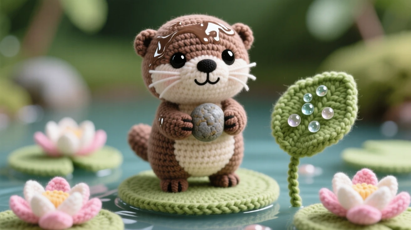a round baby otter pup with a wet glossy coat is shown juggling a small smooth stone between its paws within a tranquil lily pond with lotus blossoms, accompanied by a cluster of dewdrops on a nearby leaf, capturing a moment of pure innocent joy.