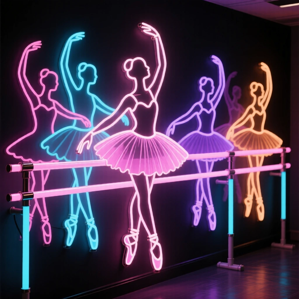 A lively scene of a class of ballet students practicing at a barre.