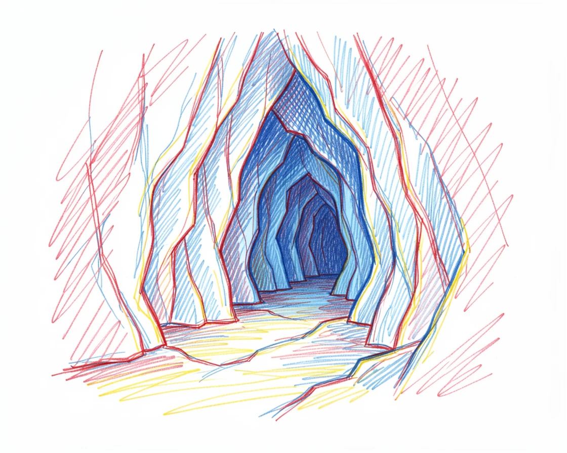A dramatic ice cave with blue light filtering through thick glacial walls
