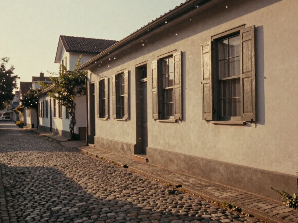 A quiet lane paved with uneven cobblestones and lined with shuttered windows, under soft golden-hour light, with a soft breeze stirring the air, in the height of summer, in warm honey and cream tones, through a rain-streaked window.