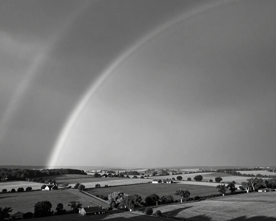 A double rainbow arcs over a valley after a storm above a green rural valley.