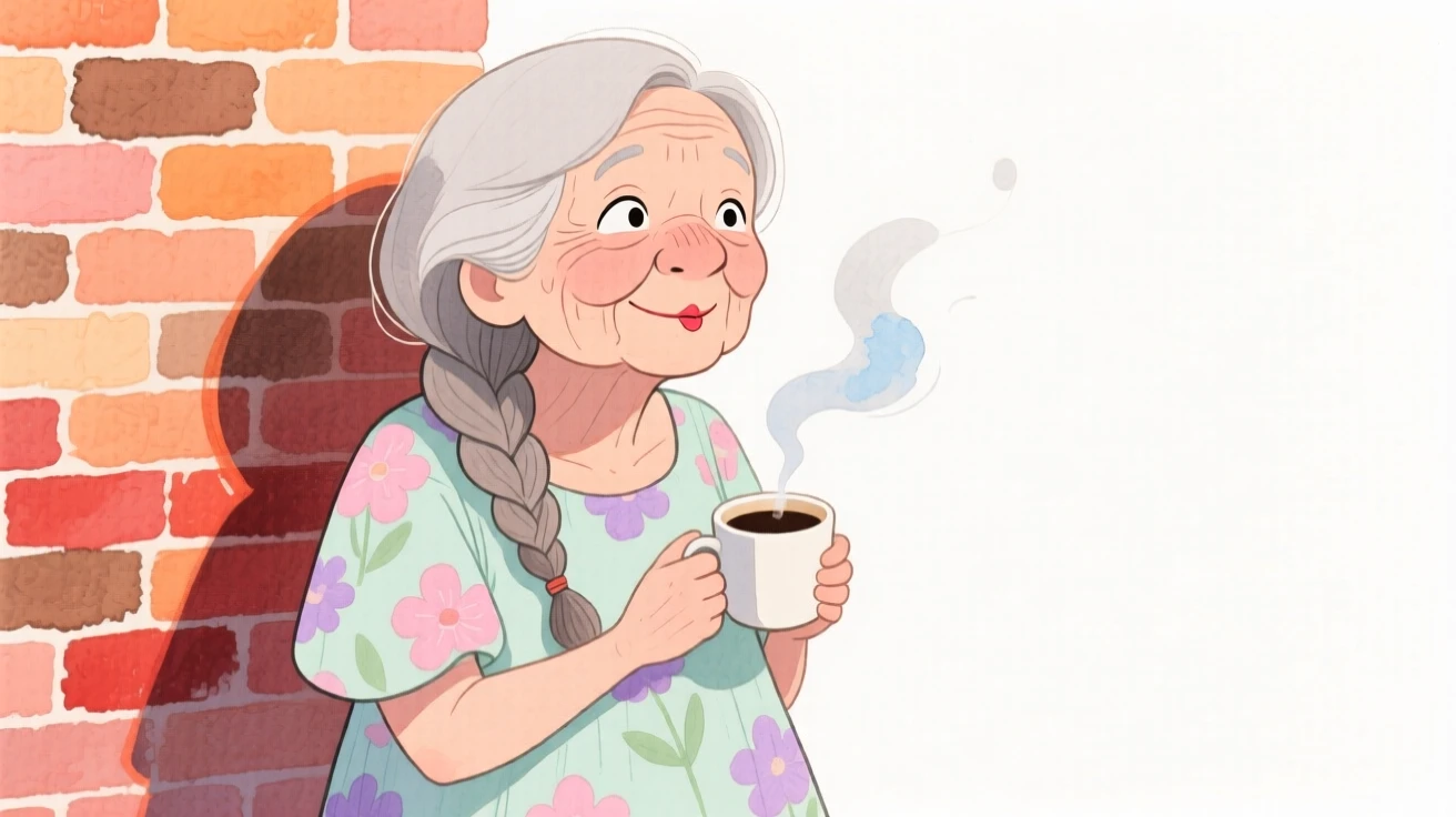 An elderly woman with a single thick braid over one shoulder, biting her lip shyly, wearing a flowy floral sundress and holding a steaming mug of coffee, against a sun-drenched brick wall