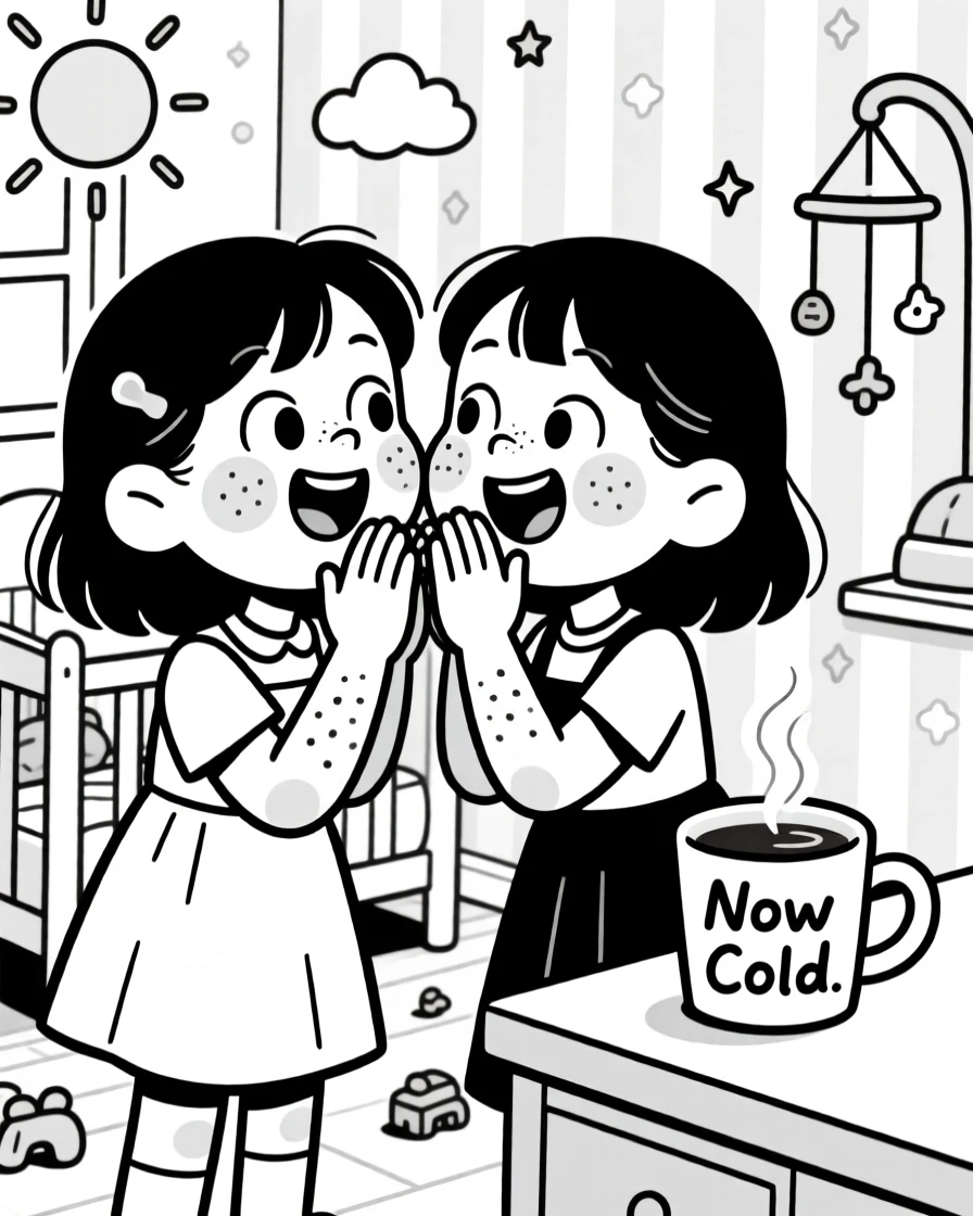 Two sisters with matching freckles, whispering a secret behind cupped hands, set in a sunlit nursery with pastel wallpaper. A cup of coffee has gone cold on the counter. The scene radiates the warm chaos of everyday family love.