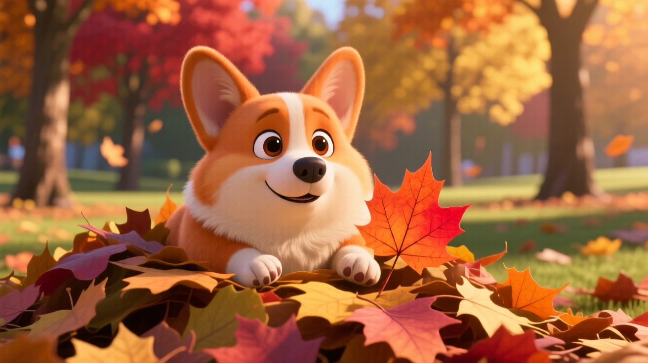 A chubby corgi is peeking out from a pile of autumn leaves, looking up with big curious eyes. A quiet, comforting sweetness surrounds the scene, with a single fallen leaf beside it.