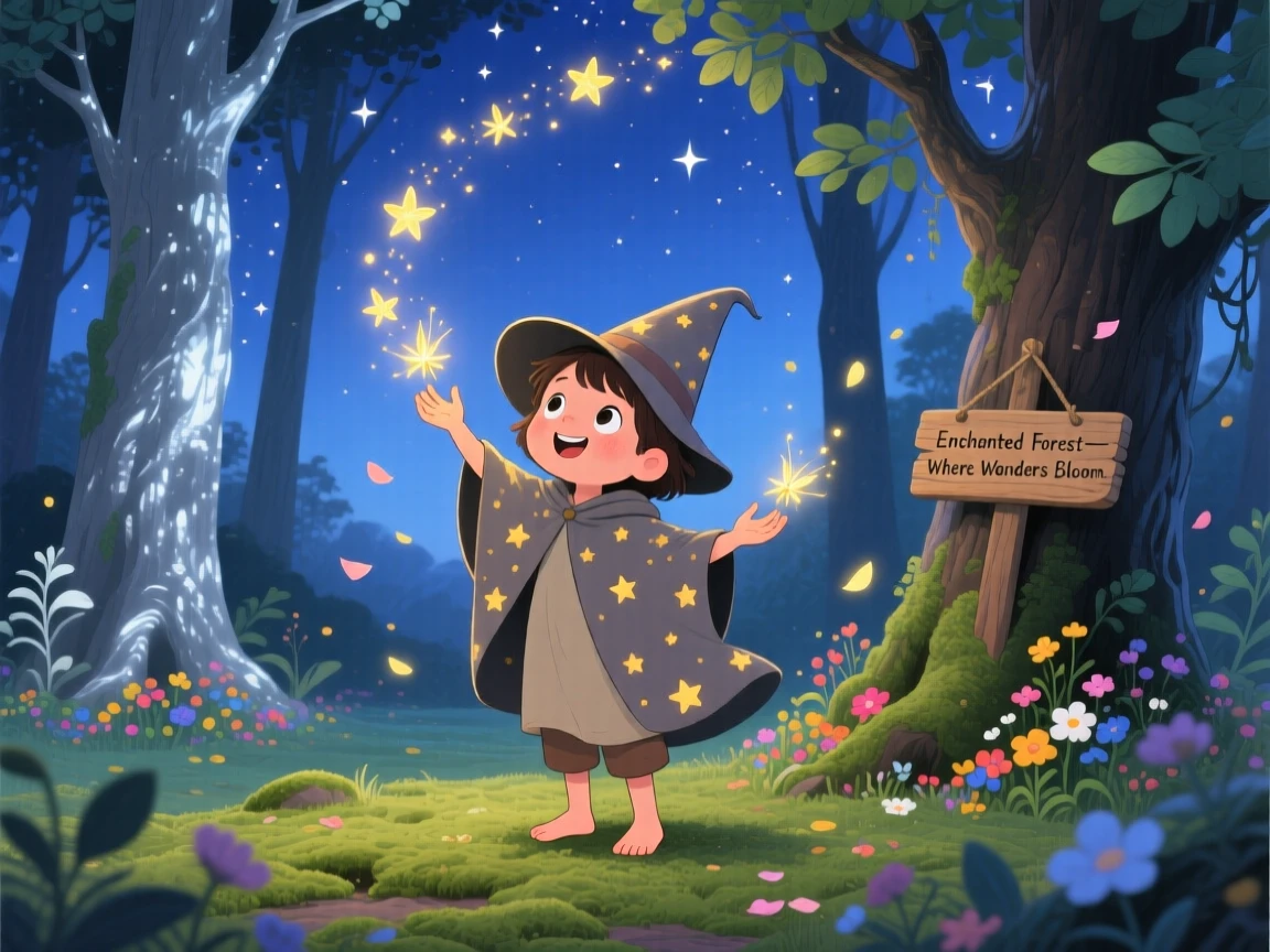 In an enchanted forest, a star-catching child discovers a moment of wonder while casting a spell that fills the sky with fireflies, while a gentle breeze carries the scent of flowers.
