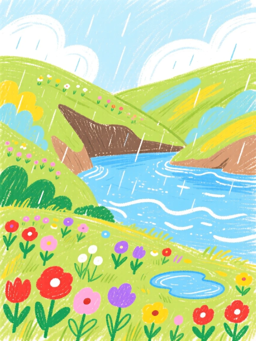 A view of a hidden cove scattered with wildflowers after a spring rain.