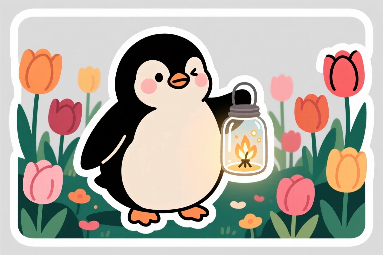 A determined plump penguin chick carrying a lantern made of a firefly jar, in a garden full of blooming tulips.